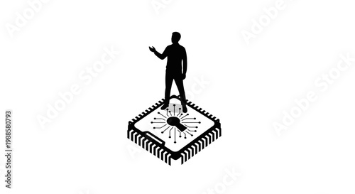 a man standing on a microchip with a bird.