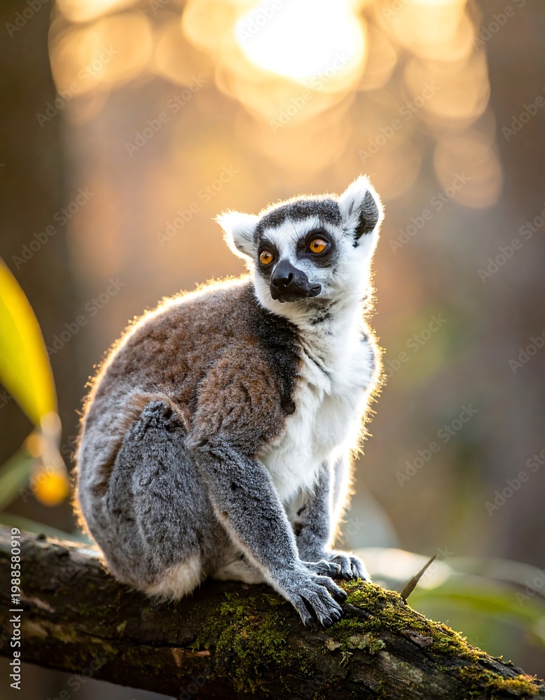 Fototapeta premium Ring-tailed lemur sits on a mossy branch in golden hour light