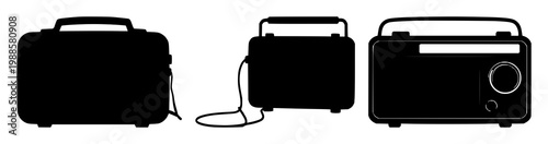 Radio set with classic black silhouette on white background featuring vintage radio, audio device, instruments with monochrome and silhouette