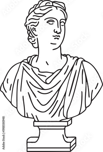 Classical draped female bust on pedestal line illustration