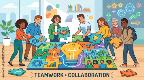 Diverse group working together building blocks.