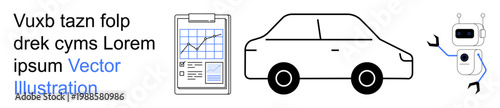 Business analytics, automotive industry, AI technology, data tracking, automation tools, conceptual design. Chart clipboard, car outline and robot arm illustration. Business analytics and automation