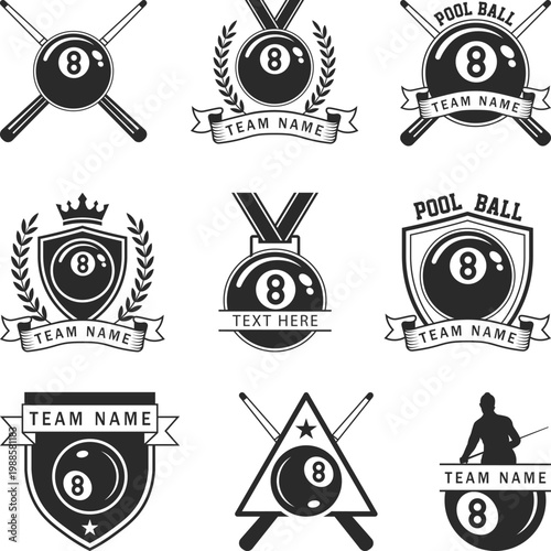 Pool Balls Set 1-15, Billiard 8 ball logo set. 6 billiard emblems with cue, Billiard balls on white background, pool balls svg, snooker balls Silhouette, Vector Illustration