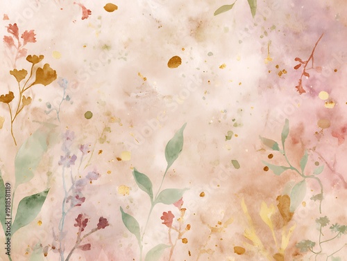 Elegant watercolor floral background with a soft, dreamy ambiance, showcasing delicate flowers and greenery with a beautiful color palette