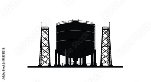 A stark silhouette depicts three industrial storage tanks against a bright white background high quality professional