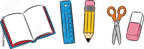A collection of school supplies is arranged horizontally on a white background. A book, a ruler, a pencil, scissors, and an eraser are depicted in a cartoon style.