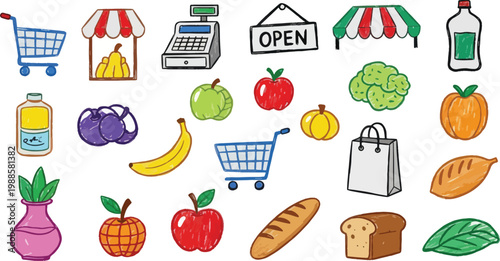 A cheerful illustration depicts various grocery store items and elements arranged on a white background.