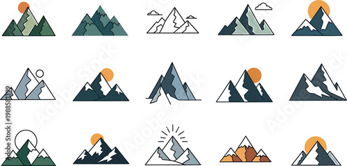 Set of minimalist mountain icons isolated on transparent background, modern flat landscape symbols for adventure travel, climbing, outdoors, hiking, badge design, camping, exploration, nature