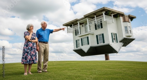 An elderly couple stands on a grassy hill, pointing at a surreal, upside-down house floating in the air. The man, wearing a blue shirt and pants, gestures with his right hand.