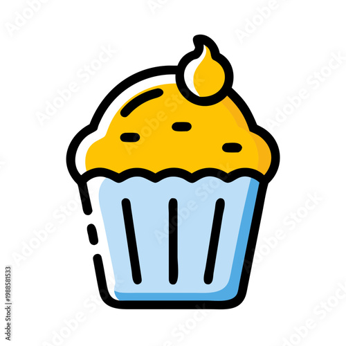 Cupcake icon. sweet dessert treat. outline design with yellow and blue color filling