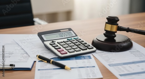 A calculator sits on a wooden desk alongside legal documents, a gavel, and pens. The scene suggests financial or legal calculations.