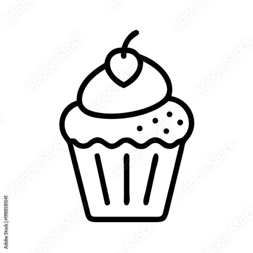 Simple line art of cupcake with cherry on top and sprinkles, isolated on transparent background