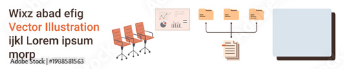 Business organization, data management, teamwork, office workflow, file sharing, and analytics. Chairs, a data chart connected files and documents displayed. Office workflow and data management