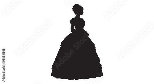Silhouette of a woman in a large formal victorian era gown