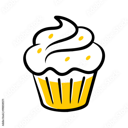 Hand drawn illustration of cupcake with yellow frosting and sprinkles, black outline, isolated