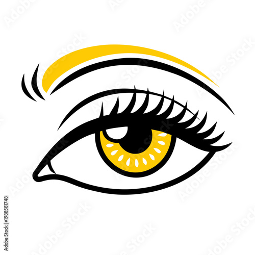 Close up of a stylized eye with yellow iris and black eyelashes on transparent background