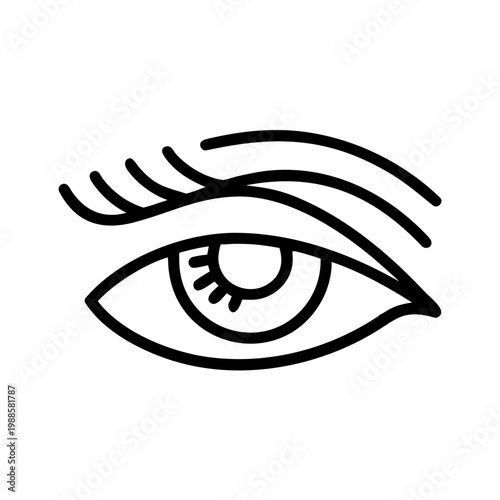 Simple line art depiction of an eye with short lashes and arching brow transparent background