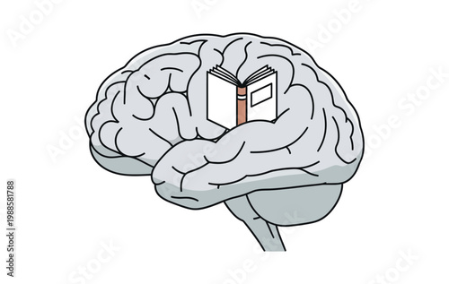 Open book inside human brain illustration symbolizing knowledge