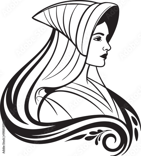 Elegant woman profile with head covering and flowing hair illustration