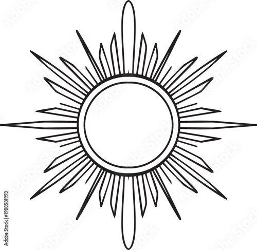 Radiant circular sunburst emblem with long rays illustration