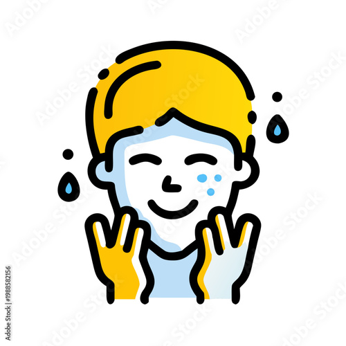Facial cleansing routine icon of person washing face with water droplets and skincare soap