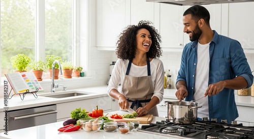 A smiling Black man and woman are cooking together in a bright, modern kitchen. The woman wears an apron and is chopping vegetables on a cutting board while the man is stirring a pot on the stove.