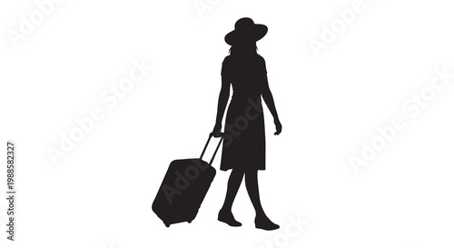 Silhouette of a woman walking with a rolling suitcase on white