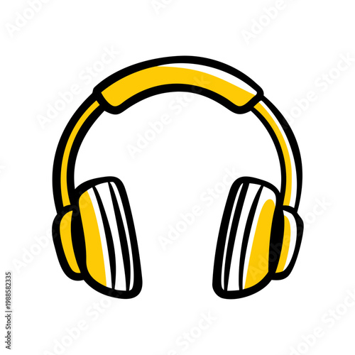 Stylized yellow and black headphones, bold lines, isolated on transparent background