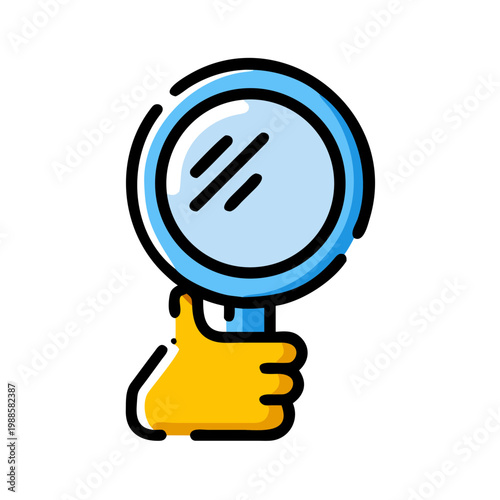 Magnifying glass icon in hand for search exploration analysis and discovery vector graphics