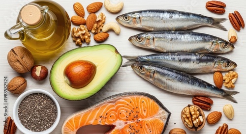 A white wooden surface displays a selection of healthy foods.