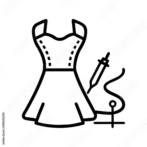 Sewing dress outline icon featuring needle and thread for handmade clothing manufacture art