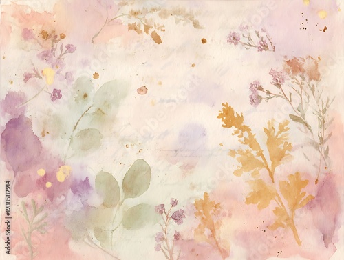 Soft and delicate watercolor painting of flowers and foliage, evoking a sense of tranquility and beauty