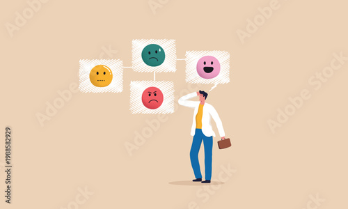 Man contemplating different emotional feedback options. Choosing the right one