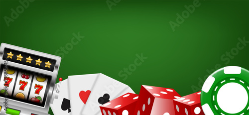 Slot machine, playing cards, red dice and chips. Vector 3d illustration on green background.