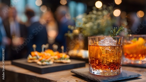 Elegant office happy hour with cocktails and appetizers