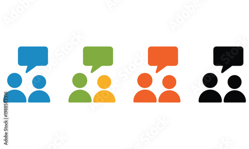 Set of four conversation icons with speech bubbles and user avatars in blue green orange and black colors for social media and communication