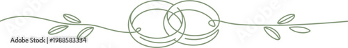 Minimalist continuous line art wedding rings with green leaves for marriage and romantic engagement celebration vector