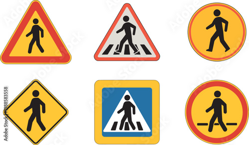 Pedestrian Crossing Signs Set, Road Safety Warning Icons Collection, Walking People Traffic Symbols Vect
