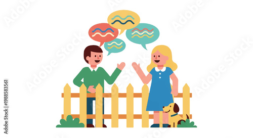 People conversing outdoors with speech bubbles and a dog