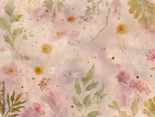 A floral watercolor painting with a gentle, romantic feel, featuring delicate flowers and leaves. The soft, pastel colors create a sense of calm and beauty.