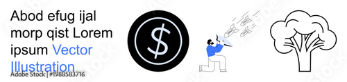 Financial planning, environmental awareness, communication, corporate strategy, eco-business, creativity. Dollar sign icon, tree and person with talking symbols. Financial planning and environmental