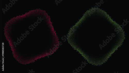 Abstract Red and Green Neon Particle Frames on Dark Black Background