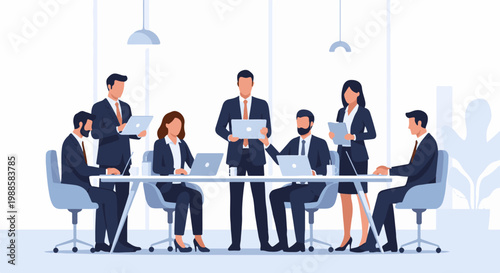 Business professionals in a meeting room collaborating and using technology for discussion