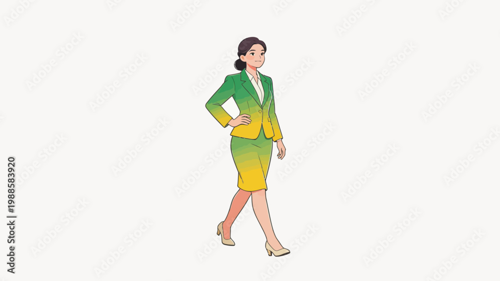 Fototapeta premium Woman in green and yellow suit walking