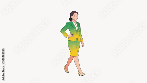 Woman in green and yellow suit walking
