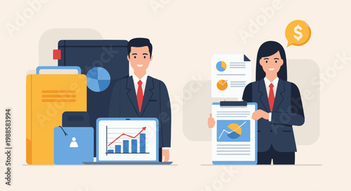 Professionals analyze business growth and financial data using charts and reports