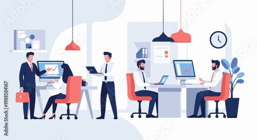 Business professionals collaborate and work at desks in a modern office environment