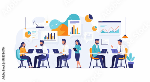 Business professionals collaborate on data and strategy in a modern office environment