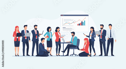 Business team collaborating on a project, analyzing charts and using laptops