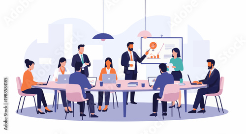 Diverse professionals collaborate around a conference table, discussing data on a whiteboard